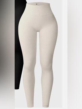 High-Waist Ribbed Skinny Leggings – Cream